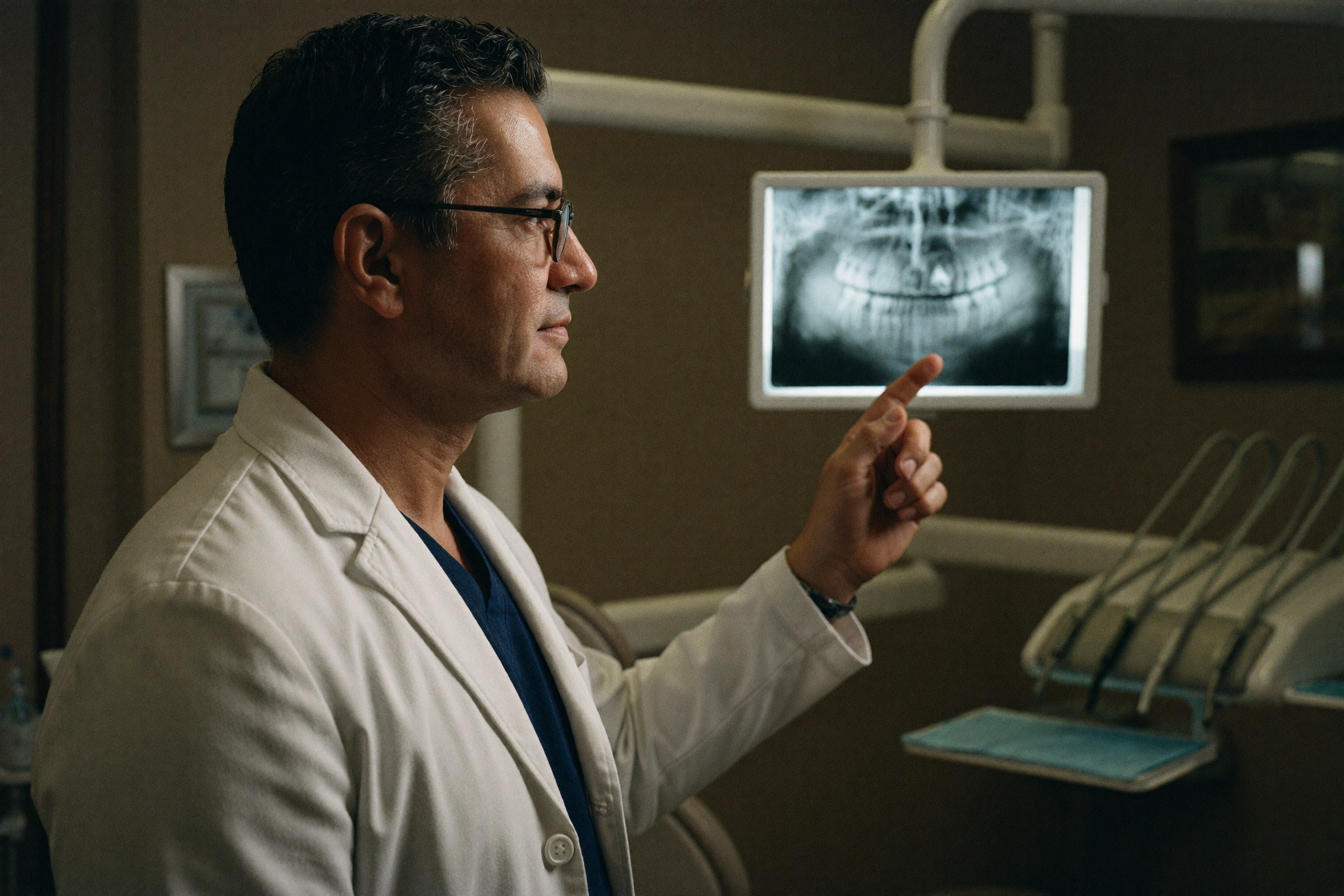 Dr. Becerra reviewing a panoramic X-ray